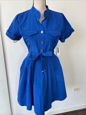 DKNY Cobalt Blue Short-Sleeve Shirt Dress with Tie Waist